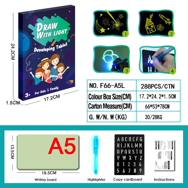 Bloco de Desenho Educativo com Brinquedo 3D, 8 Efeitos de Luz, Tabuleiro de Puzzle e Caderno de Esboços