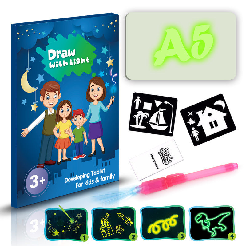Bloco de Desenho Educativo com Brinquedo 3D, 8 Efeitos de Luz, Tabuleiro de Puzzle e Caderno de Esboços