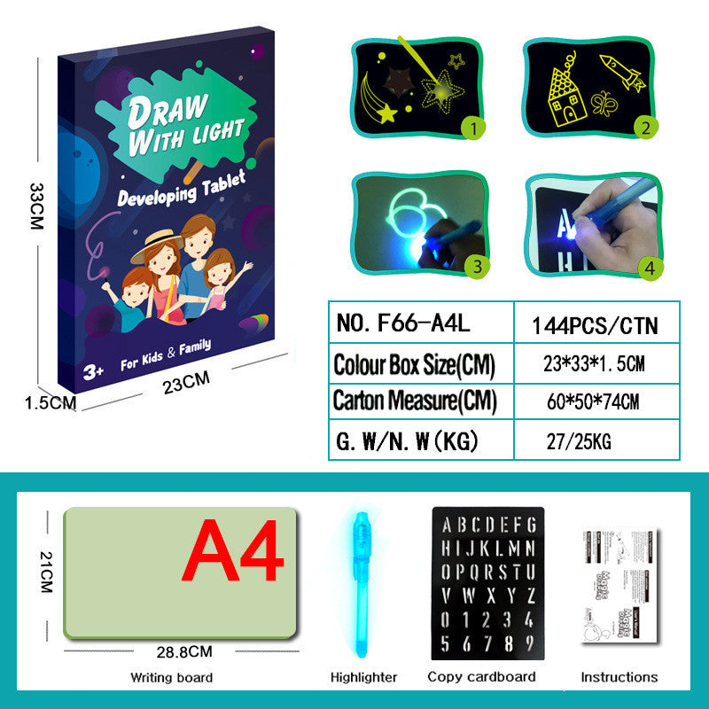 Bloco de Desenho Educativo com Brinquedo 3D, 8 Efeitos de Luz, Tabuleiro de Puzzle e Caderno de Esboços