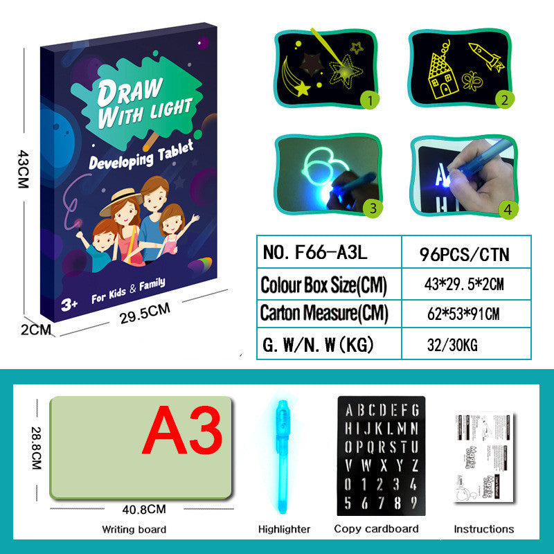 Bloco de Desenho Educativo com Brinquedo 3D, 8 Efeitos de Luz, Tabuleiro de Puzzle e Caderno de Esboços